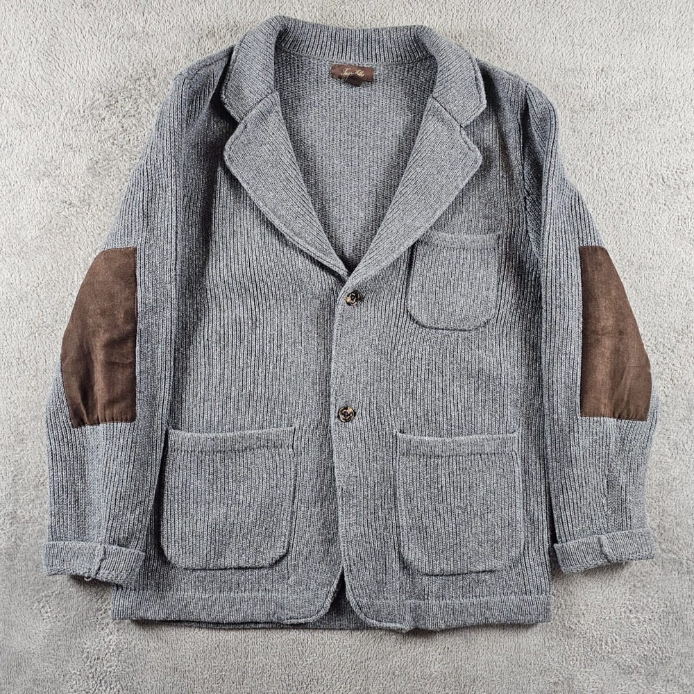 Tasso Elba Mens XL Grey 100% Lambswool Ribbed Knit Blazer Cardigan Elbow Patches